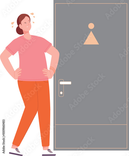 Woman wait at wc door. Person go to public restroom