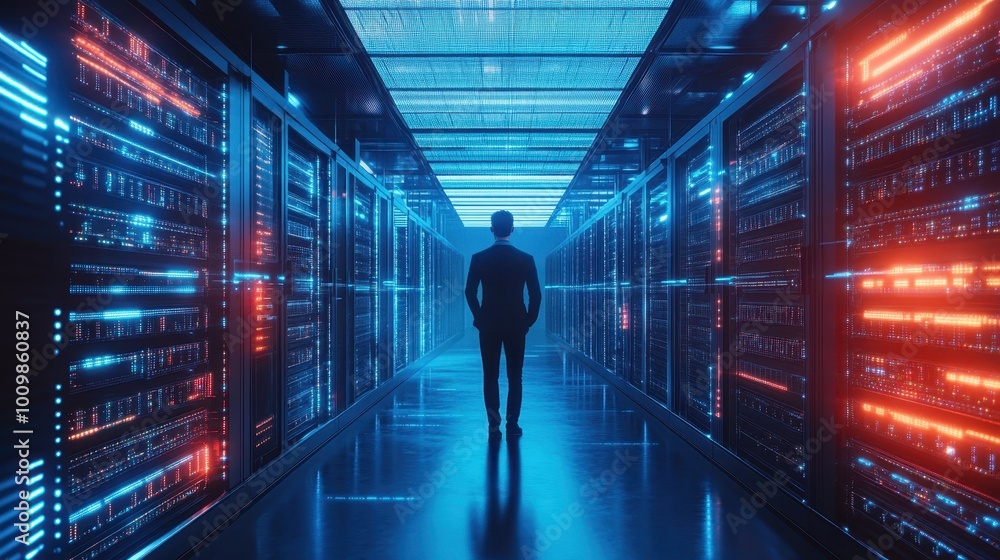 IT professional in data center with futuristic lighting. Generative AI image IT professional in data center with futuristic lighting. Generative AI image