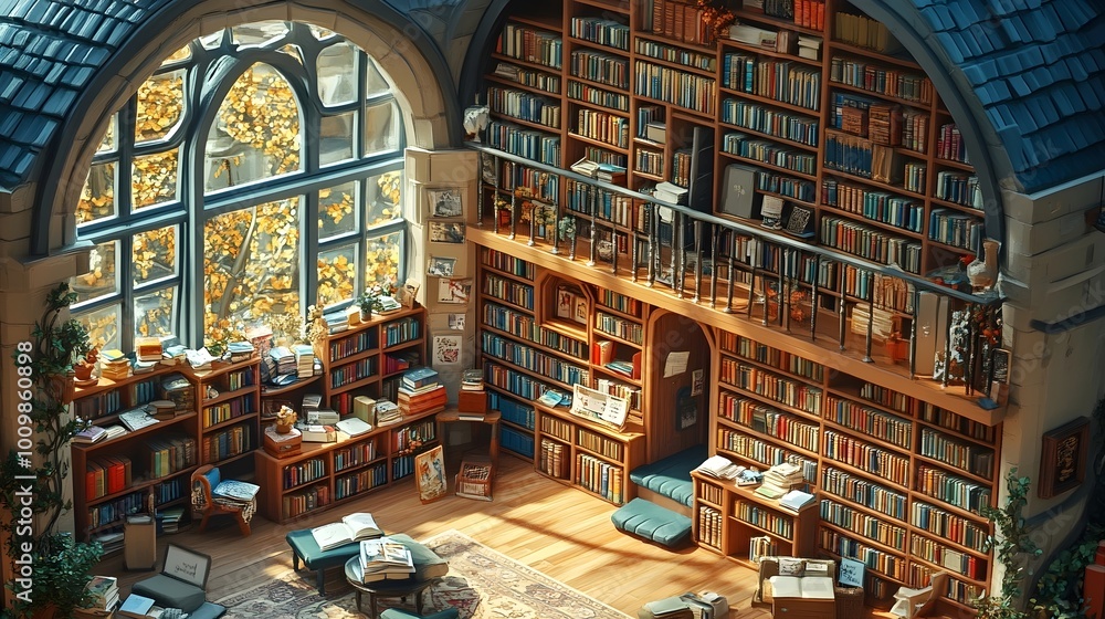 A cozy, sun-drenched library filled with books, with an arched window overlooking autumn foliage. A cozy, sun-drenched library filled with books, with an arched window overlooking autumn foliage.