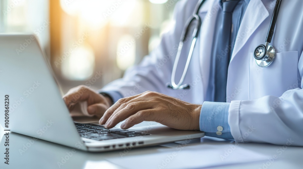 a professional medical expert, sitting in front of a laptop, extends a friendly greeting a professional medical expert, sitting in front of a laptop, extends a friendly greeting