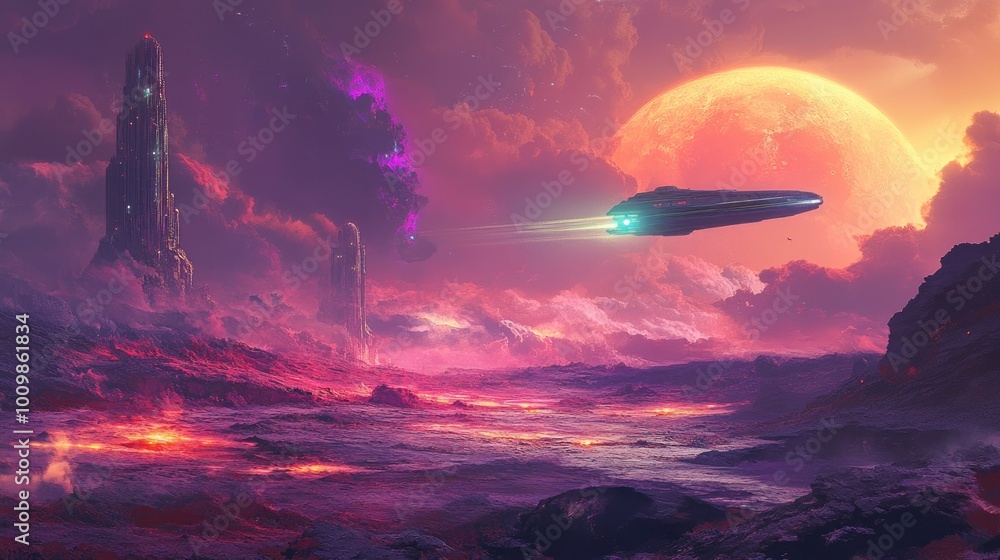 Futuristic Spaceship Flying Over an Alien Landscape with a Large Red Planet in the Sky Futuristic Spaceship Flying Over an Alien Landscape with a Large Red Planet in the Sky