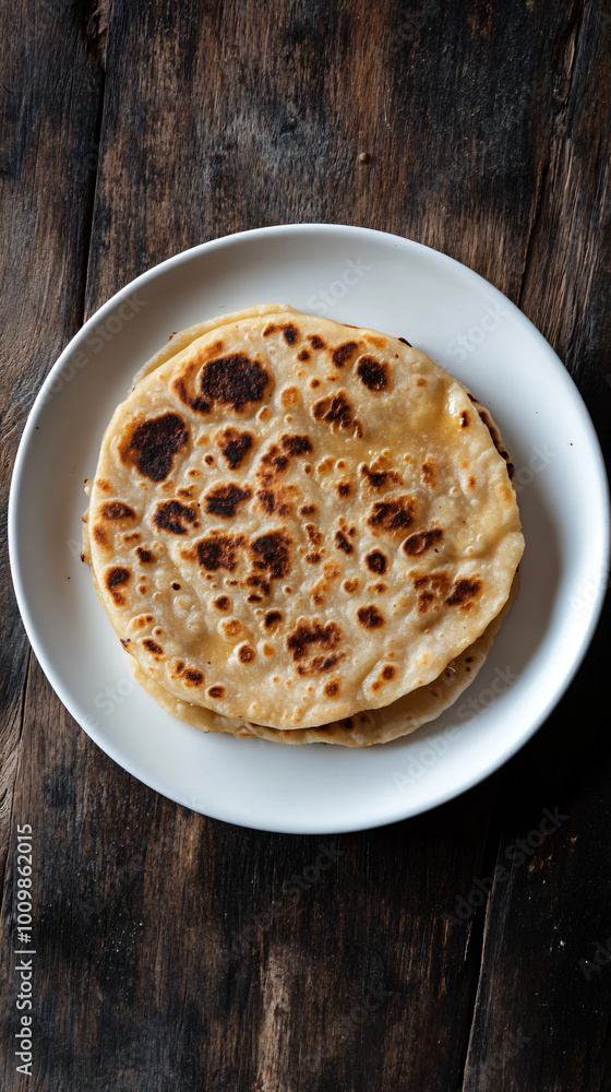 Pile of freshly made flatbread sits on a white plate atop a weathered wooden table Pile of freshly made flatbread sits on a white plate atop a weathered wooden table