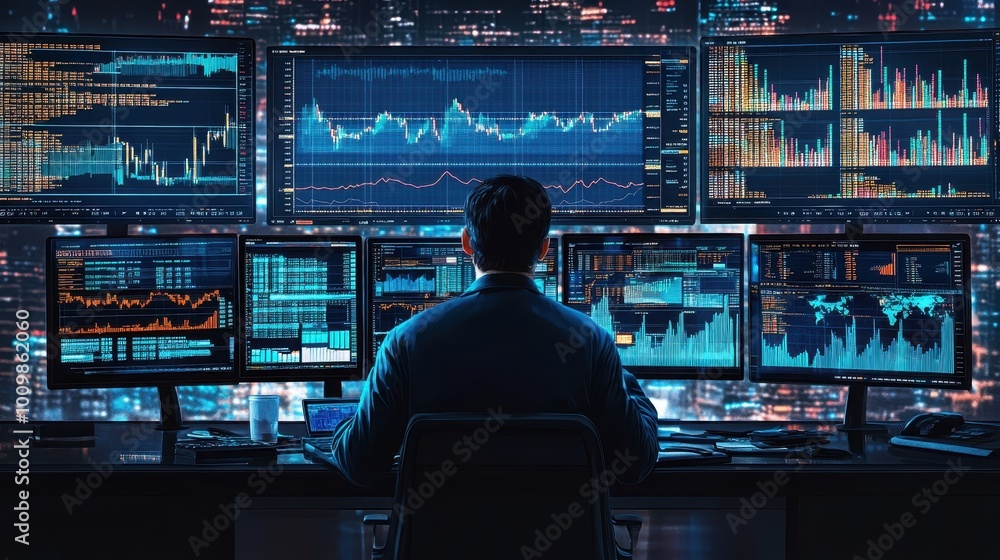 AI generated illustration front view male trader doing analysis and trading behind multiple screens showing charts and statistics AI generated illustration front view male trader doing analysis and trading behind multiple screens showing charts and statistics