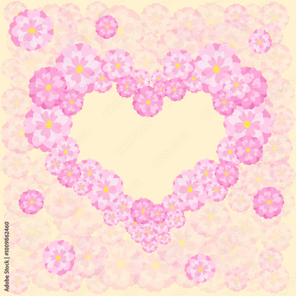 Vector card, frame - heart of delicate pink flowers on a beige background with many translucent flowers. Vector card, frame - heart of delicate pink flowers on a beige background with many translucent flowers.