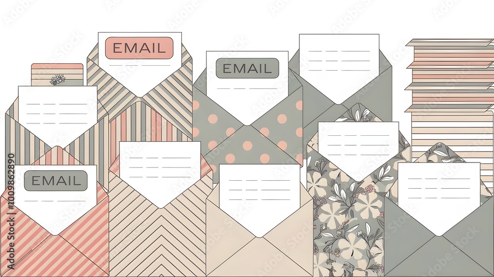 Illustration of Envelopes with Various Patterns and Labels on White Background Illustration of Envelopes with Various Patterns and Labels on White Background