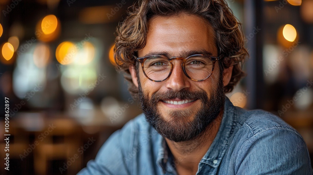 A smiling young man with glasses enjoying a casual evening in a cozy café filled with warm lights A smiling young man with glasses enjoying a casual evening in a cozy café filled with warm lights