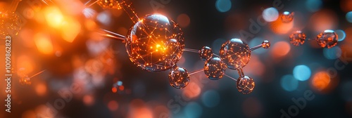 A vivid molecular structure with interconnected orange spheres and glowing lines, representing scientific advancement and molecular technology energy. photo