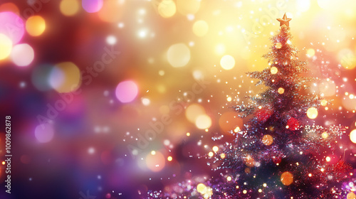 Abstract colorful christmas tree and bokeh background, text space