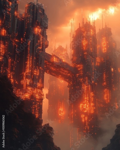 Majestic Fiery Citadel with Glowing Towers: Fantasy Landscape Art in Mysterious Mountain Realm