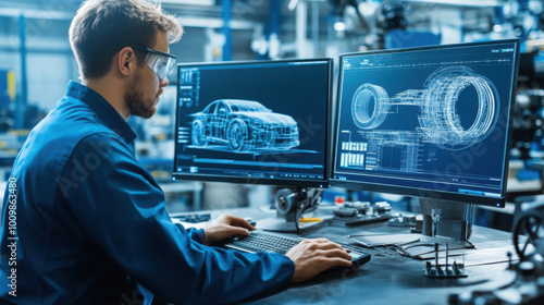 Engineer designing a car using CAD software on dual monitors in a high-tech industrial environment, focusing on automotive innovation and development