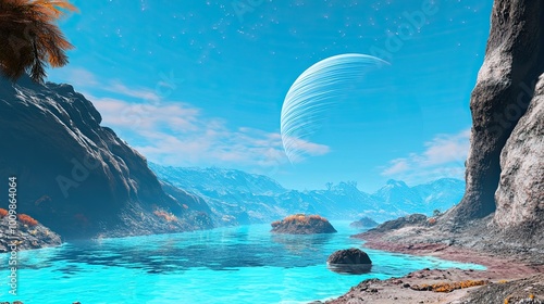 A Tranquil Lagoon on an Alien World with a Ringed Planet in the Sky photo