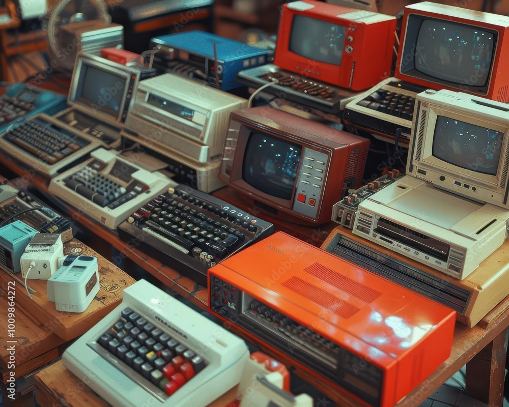 Retro computers with nostalgic designs, playful and intricate, Urban, Soft tones, Photograph, Historical charm Retro computers with nostalgic designs, playful and intricate, Urban, Soft tones, Photograph, Historical charm