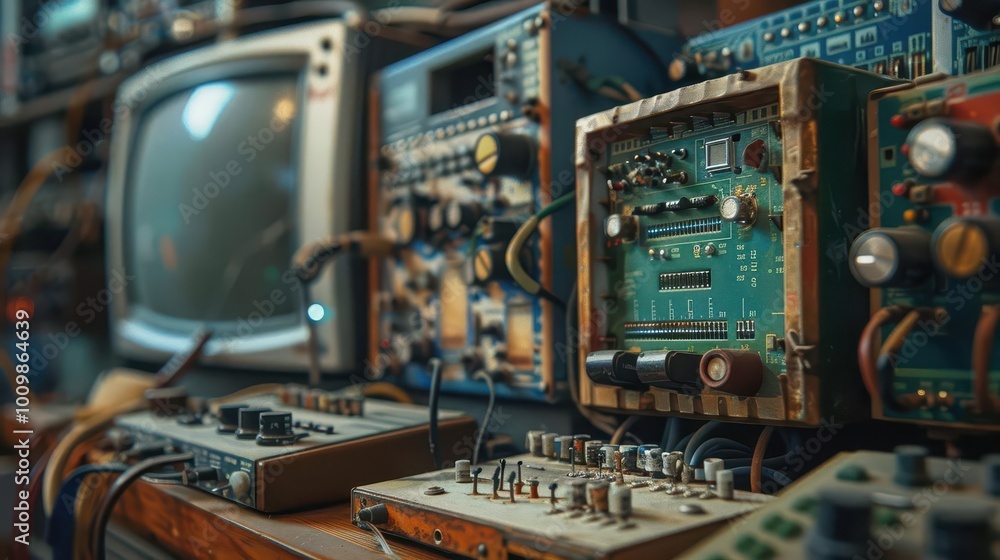 Retro electronics with nostalgic designs, playful and intricate, Urban, Soft tones, Photograph, Historical charm Retro electronics with nostalgic designs, playful and intricate, Urban, Soft tones, Photograph, Historical charm