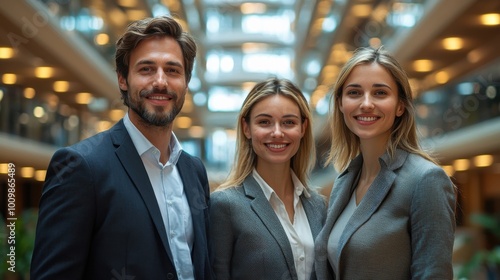 Group of young professionals posing together in a modern office building with natural light during a business event