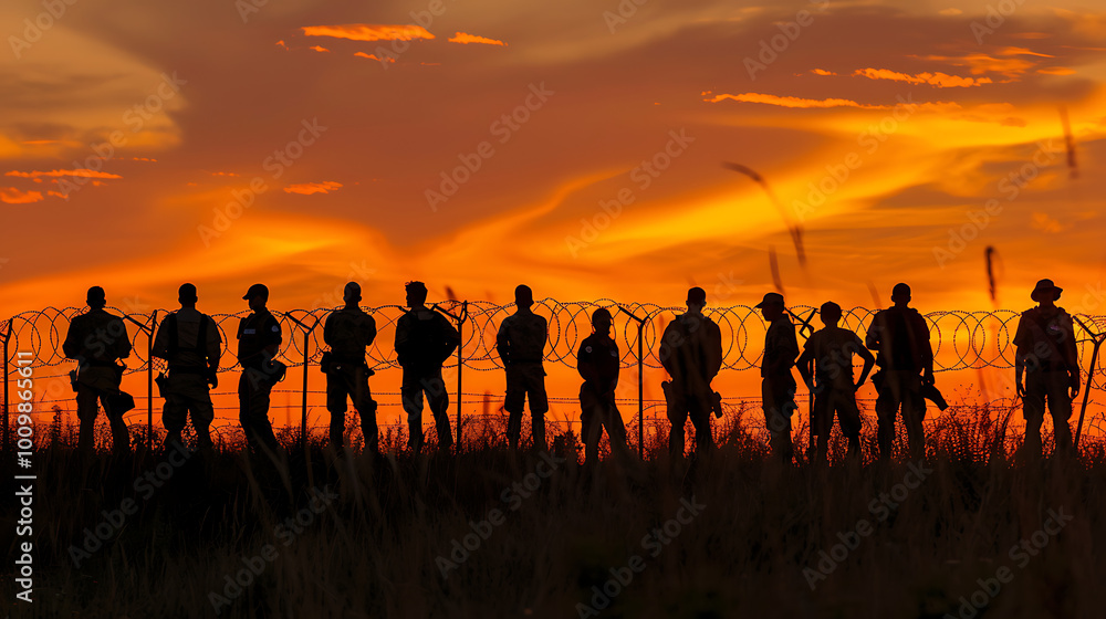 a group of people standing in silhouette against a vibrant orange sky, likely during sunrise or sunset. They are positioned behind a barrier with coiled barbed wire a group of people standing in silhouette against a vibrant orange sky, likely during sunrise or sunset. They are positioned behind a barrier with coiled barbed wire