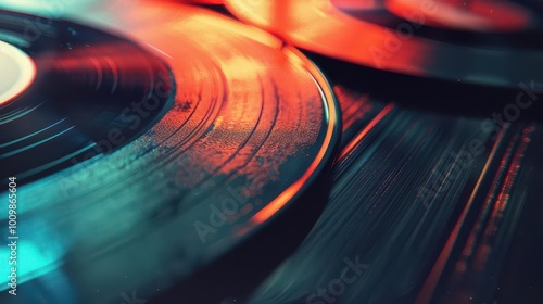 Retro music with vintage records, nostalgic and dynamic, Urban, Soft tones, Photograph, Musical heritage photo