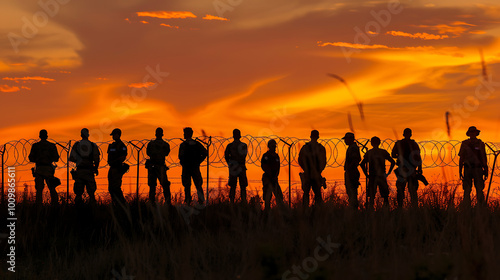 a group of people standing in silhouette against a vibrant orange sky, likely during sunrise or sunset. They are positioned behind a barrier with coiled barbed wire