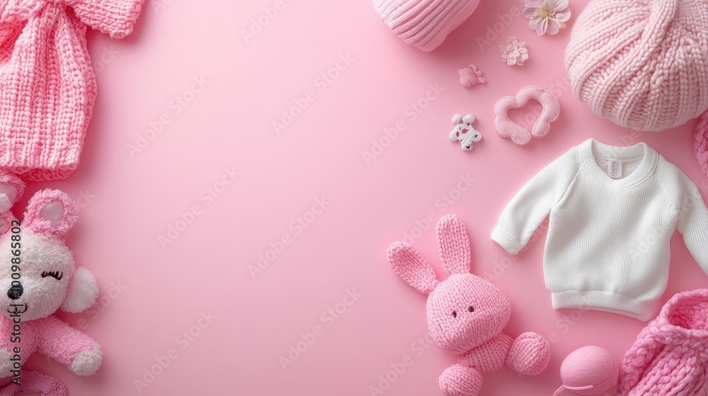 baby toys, clothes on pink background, copy space baby toys, clothes on pink background, copy space