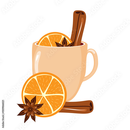 Illustration with cup of mulled wine with orange, cinnamon, anise cozy autumn or winter vector illustration hot drink isolated on white background 
