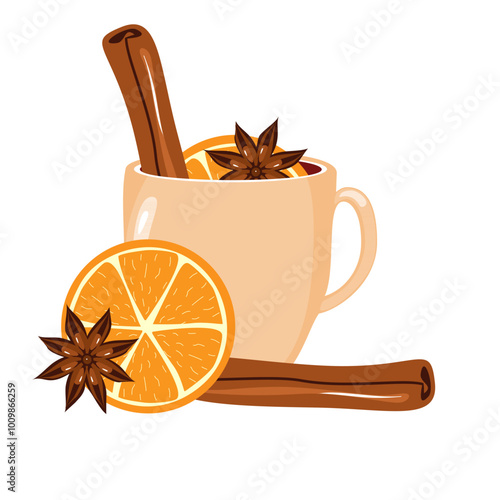 Illustration with cup of mulled wine with orange, cinnamon, anise cozy autumn or winter vector illustration hot drink isolated on white background 