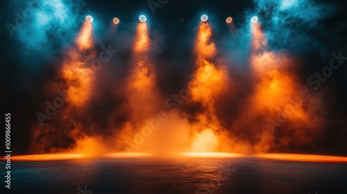 Empty concert stage with illuminated spotlights and smoke. Stage background with copy space