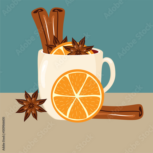 Illustration with cup of mulled wine with orange, cinnamon, anise cozy autumn or winter vector illustration hot drink 