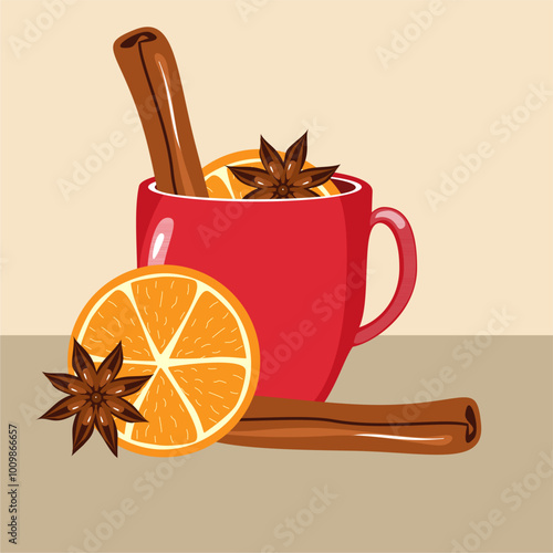 Illustration with cup of mulled wine with orange, cinnamon, anise cozy autumn or winter vector illustration hot drink 