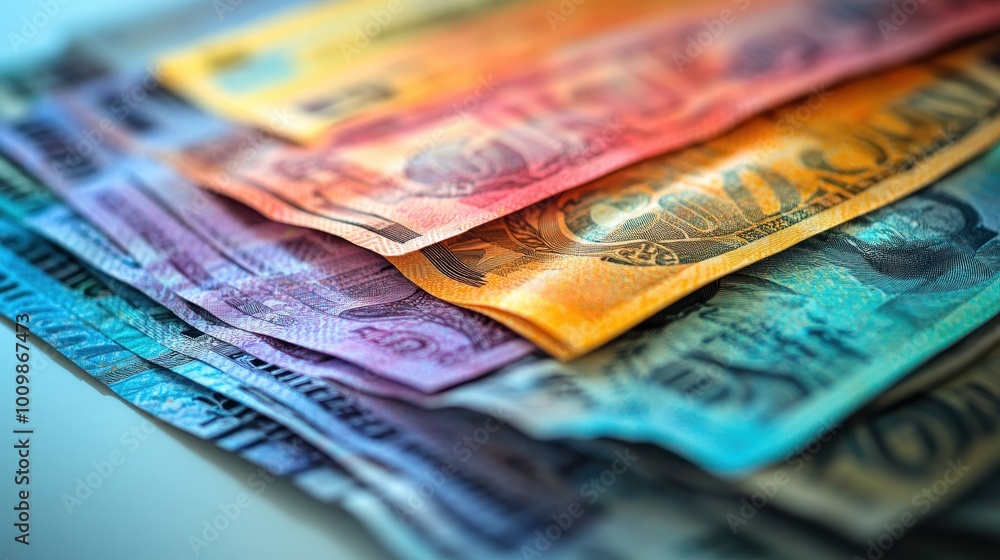 A tidy pile of fresh banknotes arranged neatly on a gleaming surface. A tidy pile of fresh banknotes arranged neatly on a gleaming surface.
