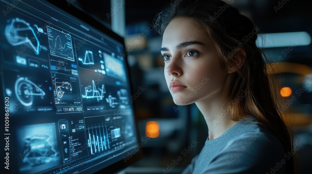 Concept of AI marketing and insurance tool, Woman looking at computer dashboard with visualization innovation for a car, travel, family, life, financial, and health insurance. Concept of AI marketing and insurance tool, Woman looking at computer dashboard with visualization innovation for a car, travel, family, life, financial, and health insurance.