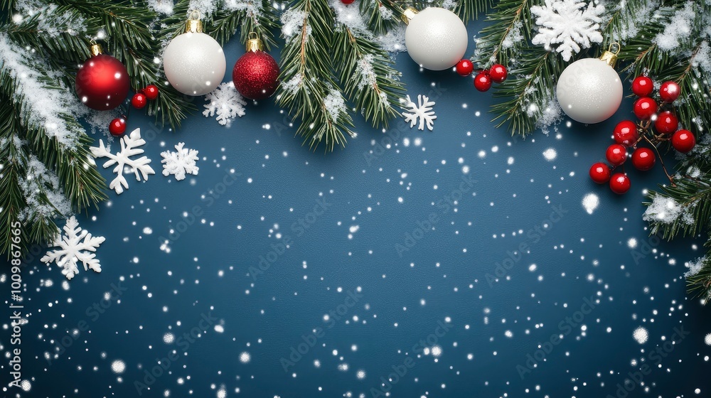 Christmas banner with fir branches and white and red decorations on blue background with snow. with generative ai Christmas banner with fir branches and white and red decorations on blue background with snow. with generative ai