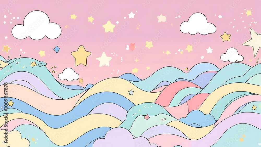 Cute Pastel Rainbow Background with Stars and Clouds Cute Pastel Rainbow Background with Stars and Clouds
