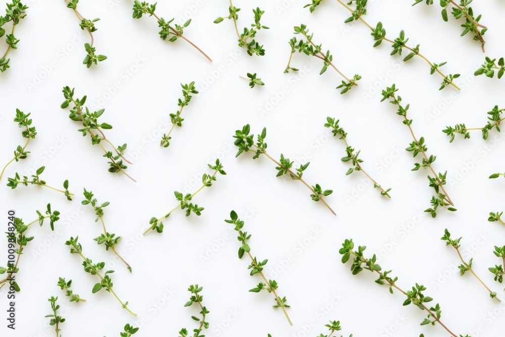 Fresh thyme sprigs scattered on a white surface, showcasing their vibrant green color. Fresh thyme sprigs scattered on a white surface, showcasing their vibrant green color.