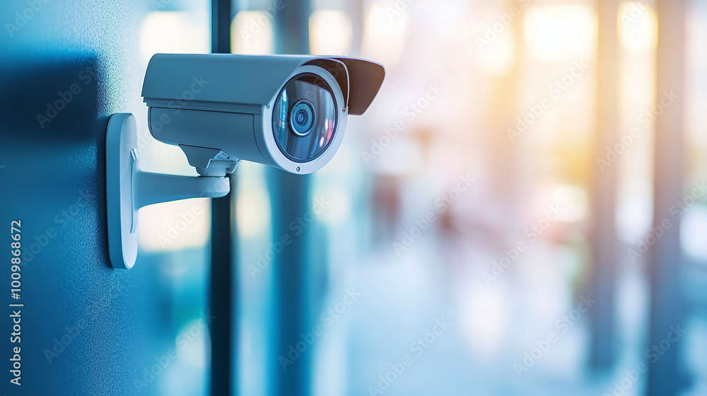 Modern high-tech quality camera on the wall of a business office or secret headquarters that monitors security Modern high-tech quality camera on the wall of a business office or secret headquarters that monitors security
