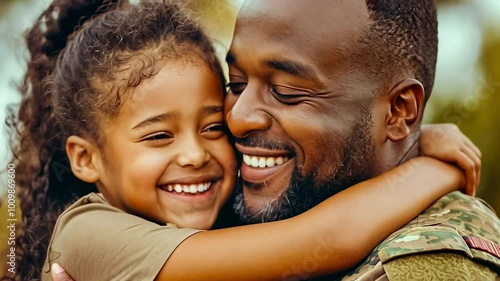 A young African American girl hugs her smiling father, both radiating joy and love. The father-daughter bond is evident as they share this tender moment in a warm, daylit room. This touching scene