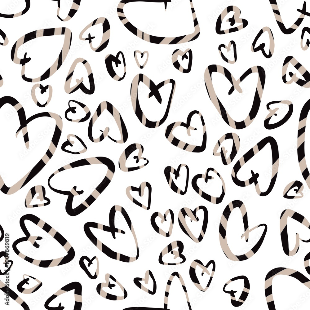 Seamless abstract holiday pattern. Simple background in beige, black, white colors. Hearts. Digital texture. Illustration. Design for textile fabrics, wrapping paper, background, wallpaper, cover. Seamless abstract holiday pattern. Simple background in beige, black, white colors. Hearts. Digital texture. Illustration. Design for textile fabrics, wrapping paper, background, wallpaper, cover.