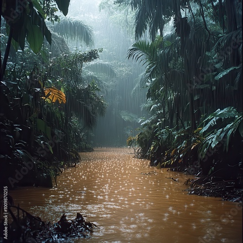 Lush Emerald Green Jungle with Murky River: Enchanting Exploration in Vibrant Rainforest Setting, Capturing Nature's Untamed Beauty photo