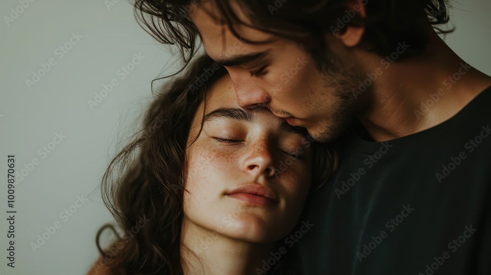 Woman Resting Head on Partner in Intimate Moment Woman Resting Head on Partner in Intimate Moment