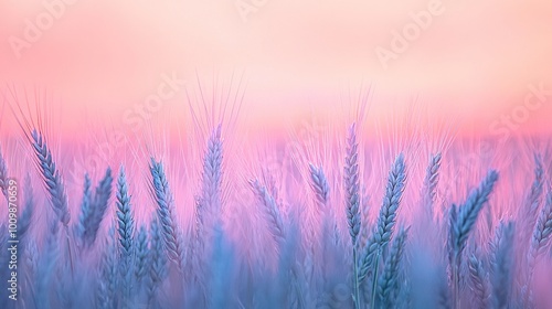  A field of grass with a pink sky in the distance and a pink sunset in the foreground