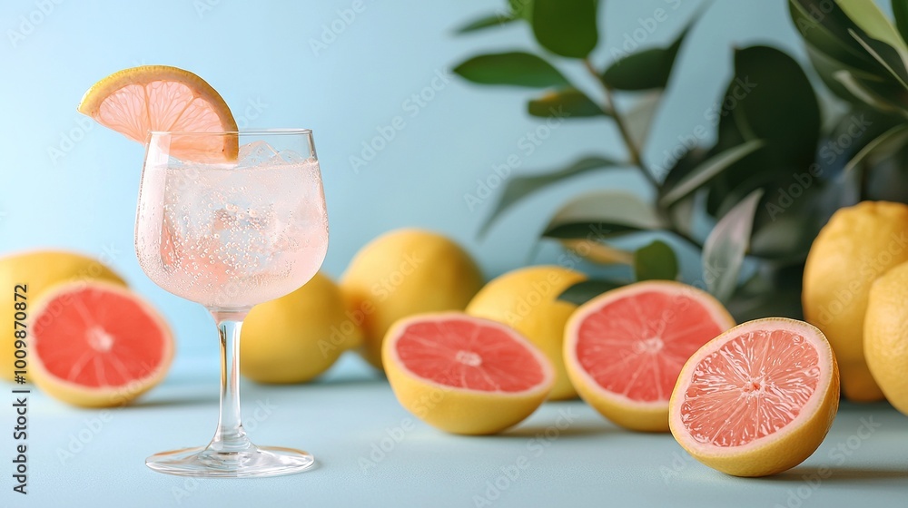 A close-up of a wine glass holding a grapefruit surrounded by an array of grapefruits A close-up of a wine glass holding a grapefruit surrounded by an array of grapefruits