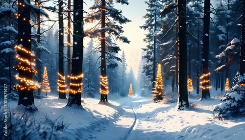 A serene winter forest path adorned with festive lights, creating a magical and picturesque holiday atmosphere. photo