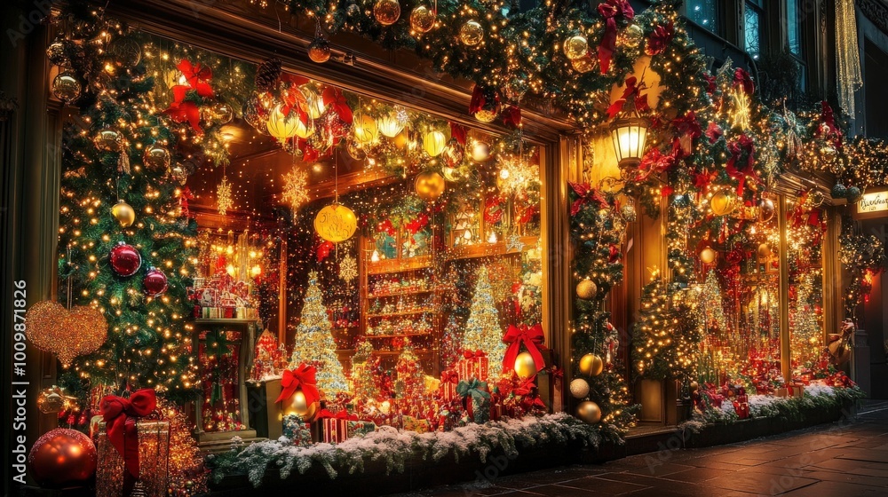 The storefront is beautifully decorated with twinkling lights, vibrant ornaments, and festive displays, inviting passersby to enjoy the holiday spirit The storefront is beautifully decorated with twinkling lights, vibrant ornaments, and festive displays, inviting passersby to enjoy the holiday spirit