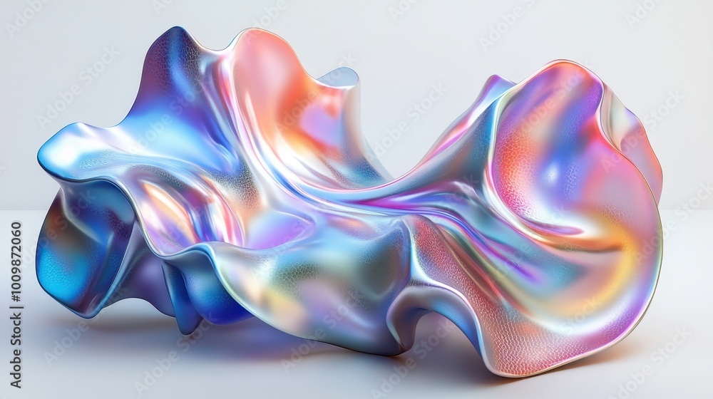 Fluid Metallic Abstractions: Dynamic Organic 3D Shapes with Holographic Sheen on White Background Fluid Metallic Abstractions: Dynamic Organic 3D Shapes with Holographic Sheen on White Background