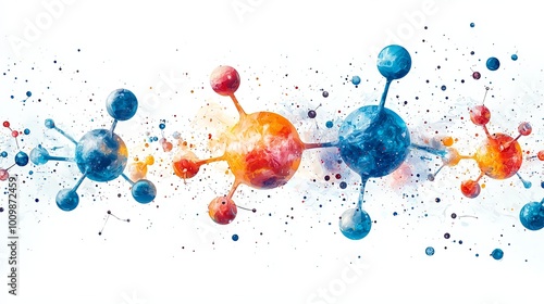 A vivid depiction of dynamic molecules made up of colorful blue and orange spheres, reflecting movement and energy with an abstract artistic style.