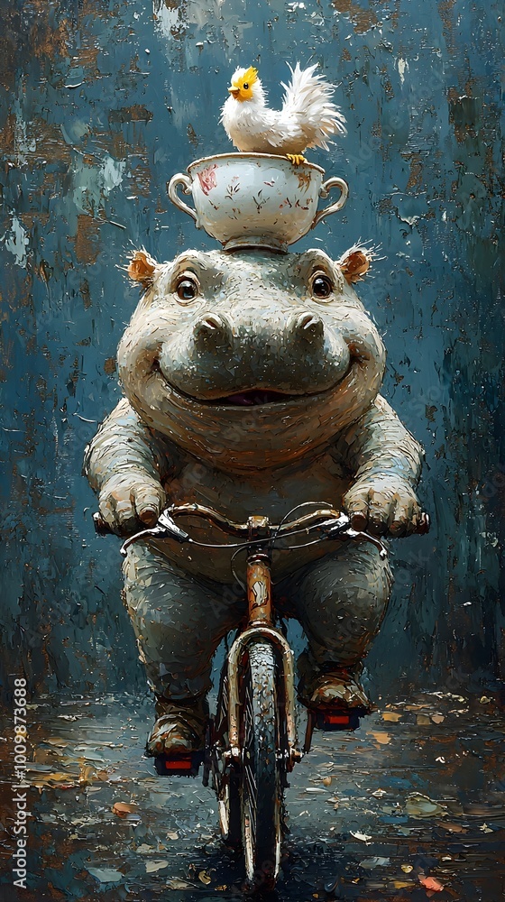 A smiling hippopotamus rides a bicycle with a small bird perched on a teacup on its head. A smiling hippopotamus rides a bicycle with a small bird perched on a teacup on its head.