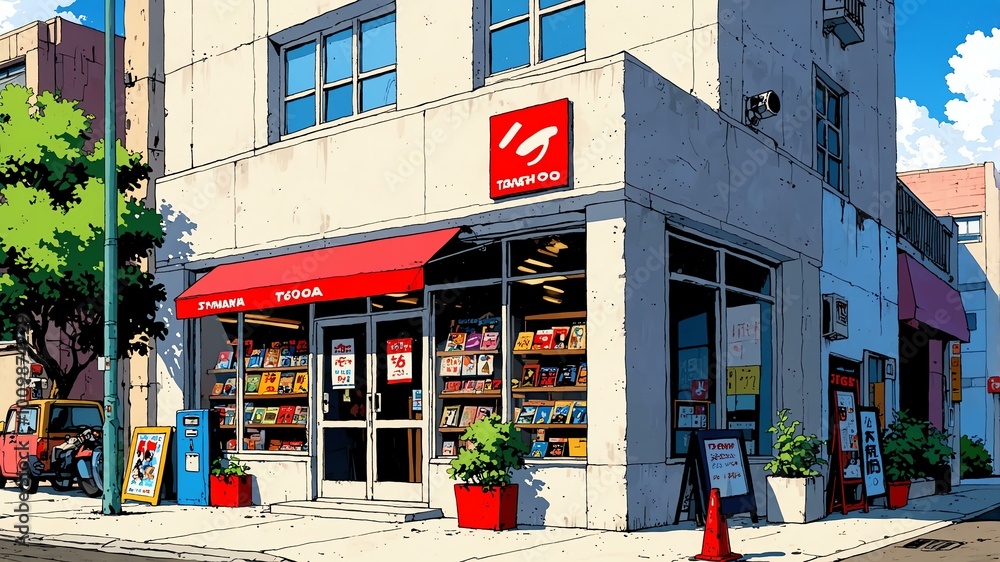 toy shop exterior retro anime high-quality image and aesthetic finish background toy shop exterior retro anime high-quality image and aesthetic finish background