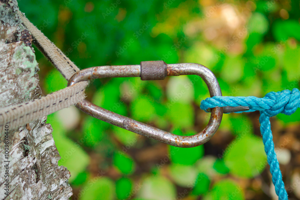 Rusty Carabiner and Knot on Nature Background Rusty Carabiner and Knot on Nature Background