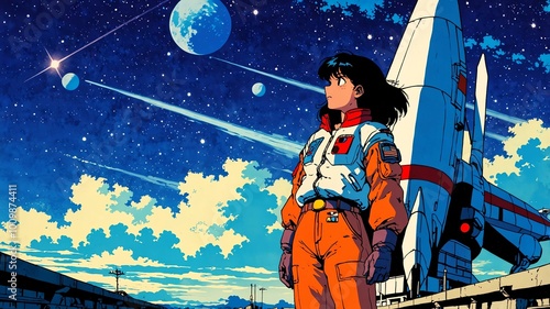space exterior retro anime high-quality image and aesthetic finish background