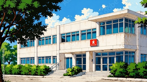 school exterior retro anime high-quality image and aesthetic finish background