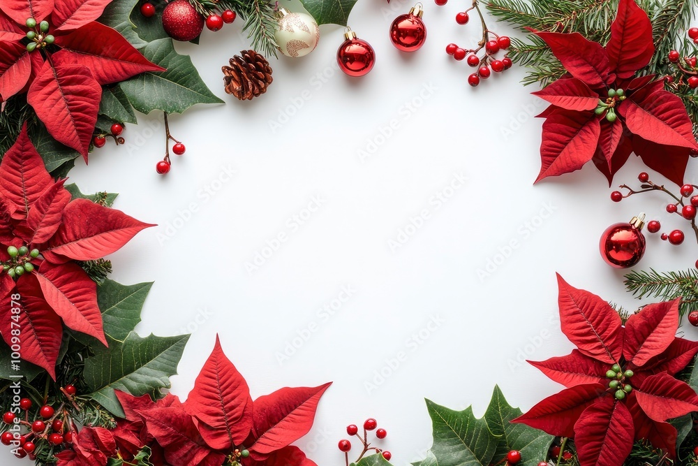 Christmas decoration. Frame of flowers of red poinsettia, branch christmas tree, ball, red berry on a white background with space for text. with generative ai Christmas decoration. Frame of flowers of red poinsettia, branch christmas tree, ball, red berry on a white background with space for text. with generative ai