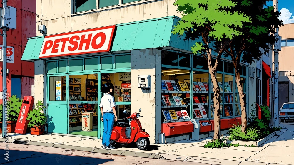 Fototapeta premium pet shop exterior retro anime high-quality image and aesthetic finish background